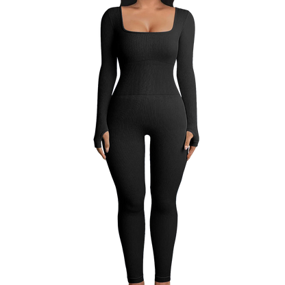 Solid Color Ribbed Yoga Jumpsuit, Seamless Slim Fit Long Sleeve Sports Bodysuit, Women's Activewear
