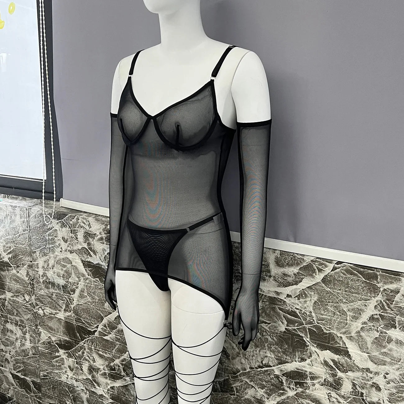 Yimunancy Sheer Mesh Lingerie Set Women 4-Piece Backless Sexy Dress Sexy Erotic Solid Brief Underwer Set Nightwear