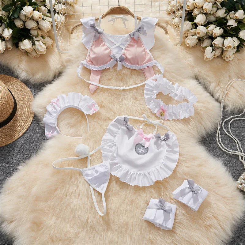 Sexy Lace Gauze Patchwork Strap Bodysuit Hollow Sleeveless Slim backless Women Erotic Lingerie Hotsweet Bow Night Maid Cosplay
