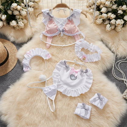 Sexy Lace Gauze Patchwork Strap Bodysuit Hollow Sleeveless Slim backless Women Erotic Lingerie Hotsweet Bow Night Maid Cosplay
