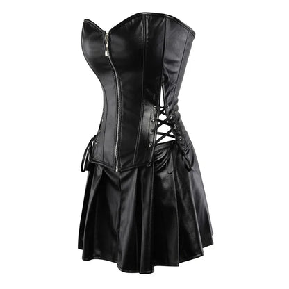 Faux Leather Corset Top Women Leather Corset Dresses Zipper Gothic PU Leather Corset Sexy Ladies Eyelet Up Pleated Dress Corsets
