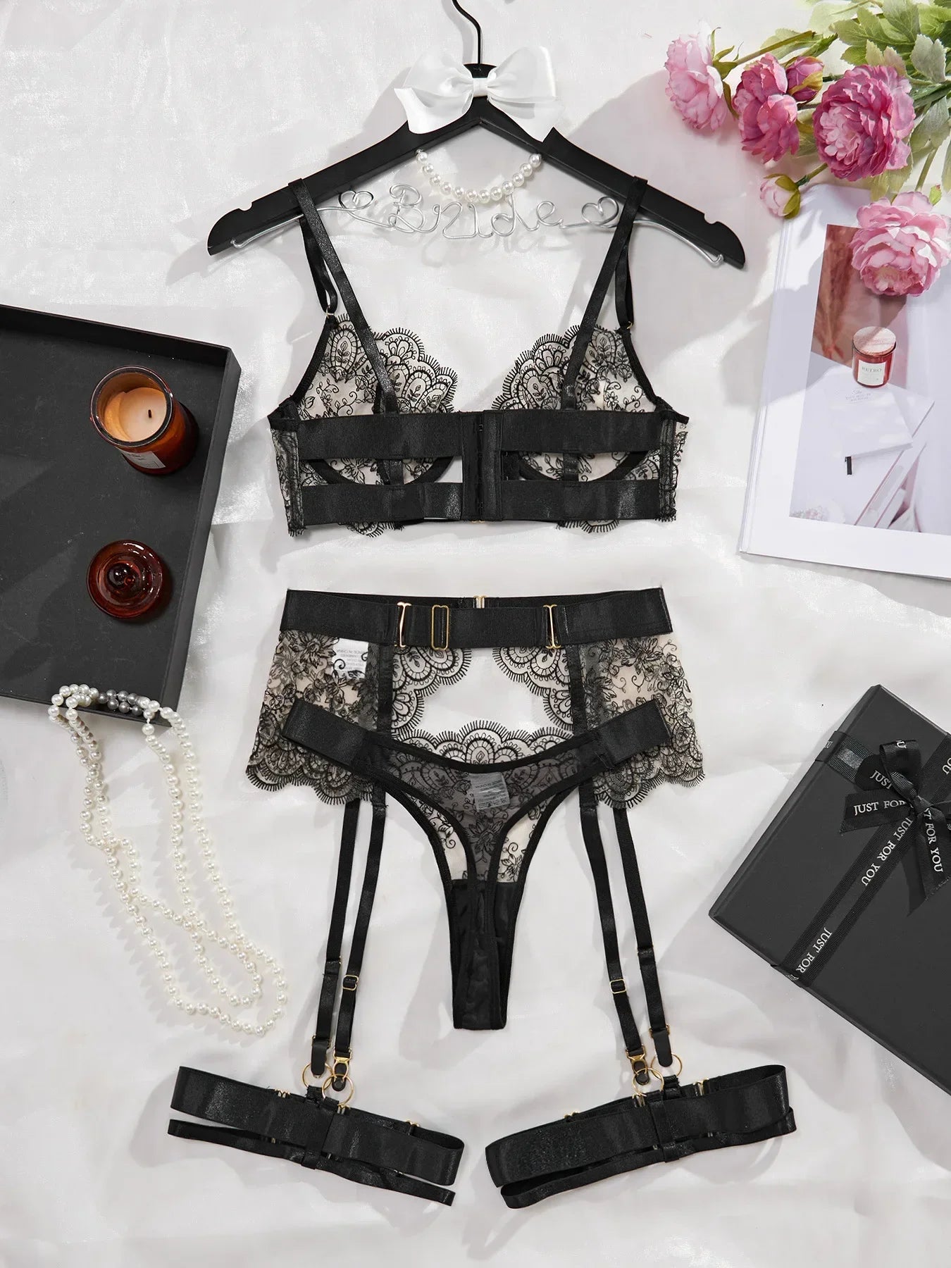 Women Sexy Lingerie Lace Bra and Brief with Garter and Leg Ring Set Underwear Romantic Hot Bilizna See Through Outfits