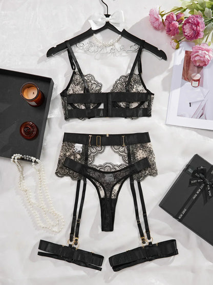 Women Sexy Lingerie Lace Bra and Brief with Garter and Leg Ring Set Underwear Romantic Hot Bilizna See Through Outfits