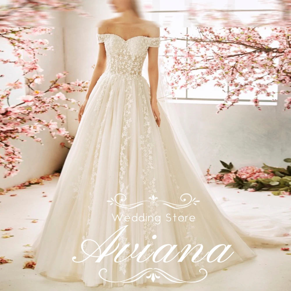 Aviana Customized Off Shoulder A-Line Sweep Train Pleats Ruching 3D Flowers Sleeveless Sweetheart Backless Empire Satin Woman