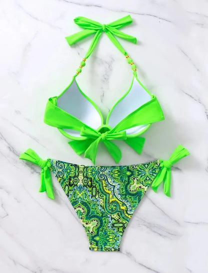 2025 Push Up Halter Bikini Printed Swimsuit Women Sexy Strappy Swimwear Female Bathers Bathing Swimming Swim Suit Beachwear