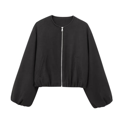 Ladies Fashion Autumn Winter Jacket Women Retro Round Neck Long Sleeve Elastic Hem Zipper Soft Bomber Jacket Women Coat Female