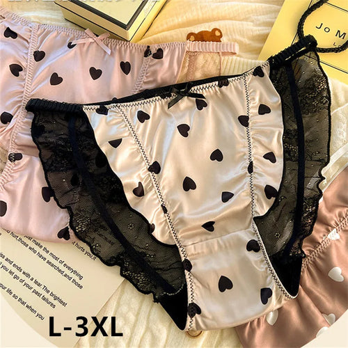 Sexy lingerie women Satin tangas lace ropa interior femenina sweet calzones para mujer plus size panties heart underwear women