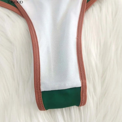 Contrast Vne Open Ba Thong Bikini Women's Patchwork ort Sve Overhead ort Pants Two-Piece Set Polyester Material