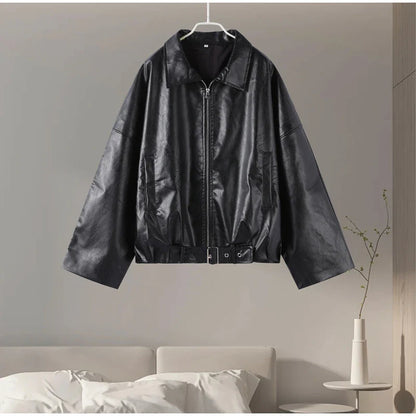Street Stand Collar Women's Leather Jacket Loose Long Sleeve Zipper Pockets Chic Female Coats 2025 Autumn Winter Lady Outerwear