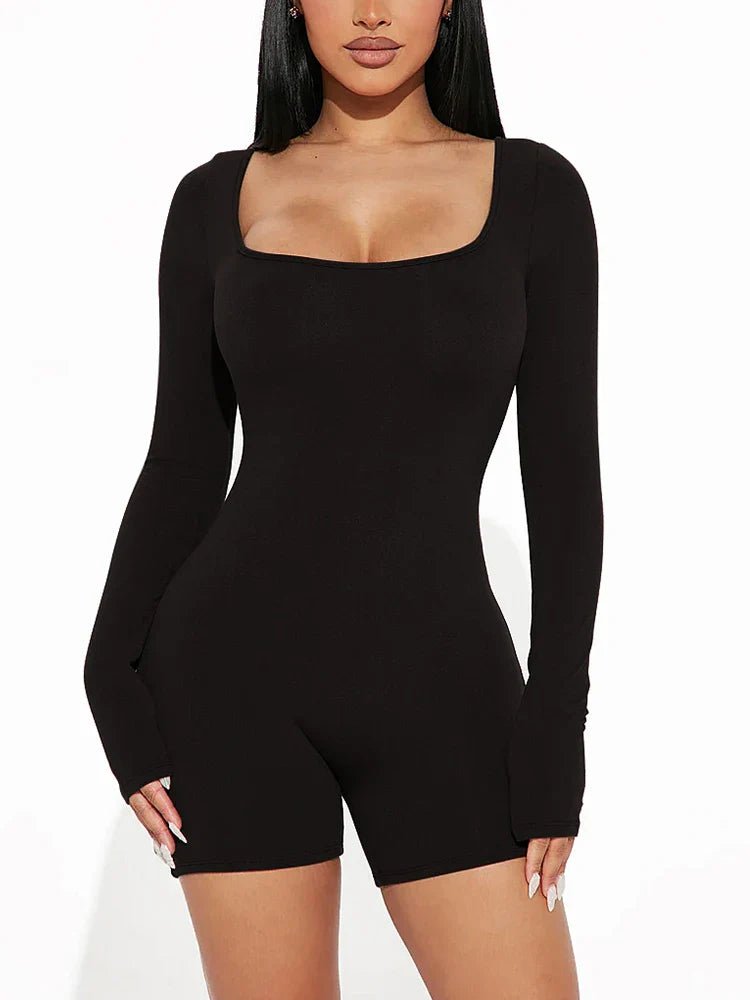 2025 Spring and Summer New Fashion Women's Long Sleeve Jumpsuit Shorts  Long Sleeve Sexy Slim Jumpsuit U Neck Jumpsuit