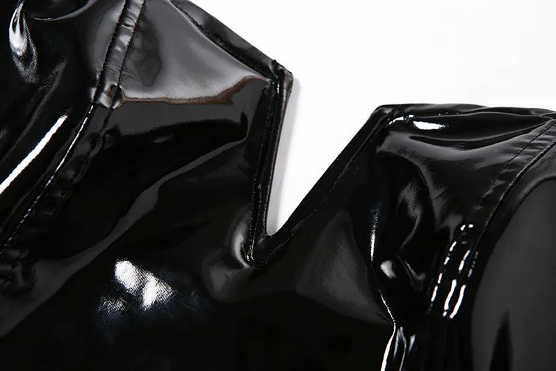 SINGREINY Strapless PU Leather Sexy Bodysuits Ladies Zipper Design Bodycon Top Fashion Streetwear Open Crotch Sensual Playsuits