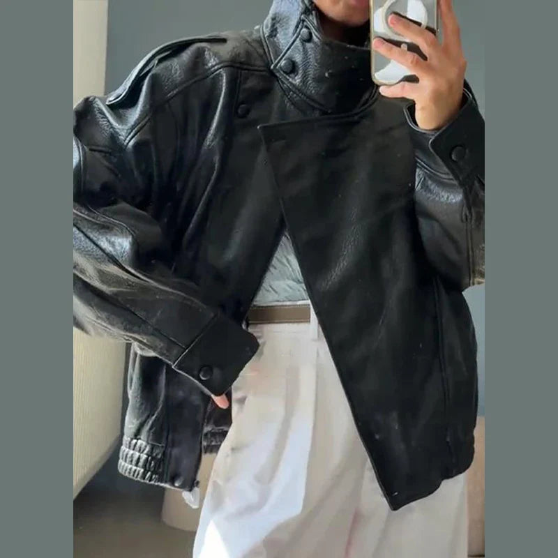 Stand Collar Women's Jacket Full Sleeve Double Button Solid Female Leather Jackets 2025 Autumn Fashion High Street Lady Outwears