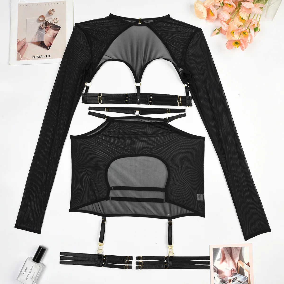 Diccvicc Long Sleeve Lingerie Sexy Sheer Mesh Porn Top Crotchless Skirt Naked Bandage Women Underwear Uncensored Erotic Costume