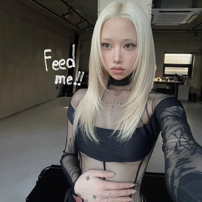 See Through Mesh Splicing Sexy Bodysuit Lingerie One-pieces Y2k Clothes Long Sleeve Body Feminino Hot Tops For Women Rave Outfit