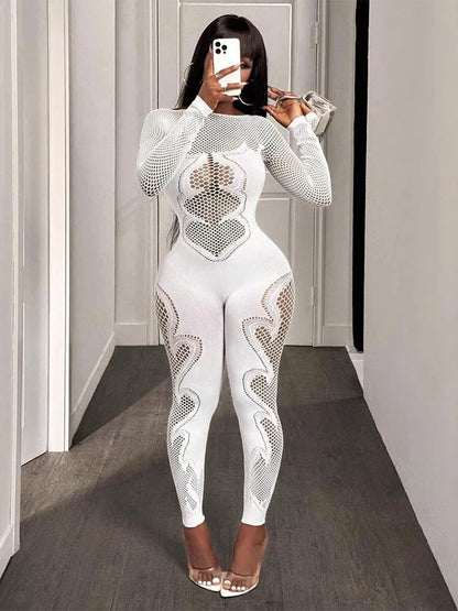 FHSEER Women's Sexy Jumpsuit Sheer Mesh Long Sleeve Hollow Out Bodycon High-Waist Stretchy Club Party Date Night Out Outfit