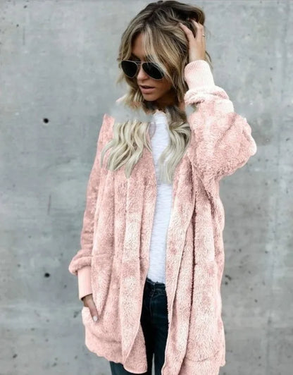 Autumn Winter Double Fleece Cardigan Jacket Women Solid Color Long Sleeve Plush Warm Hooded Lady Jacket Oversized Outerwear Coat