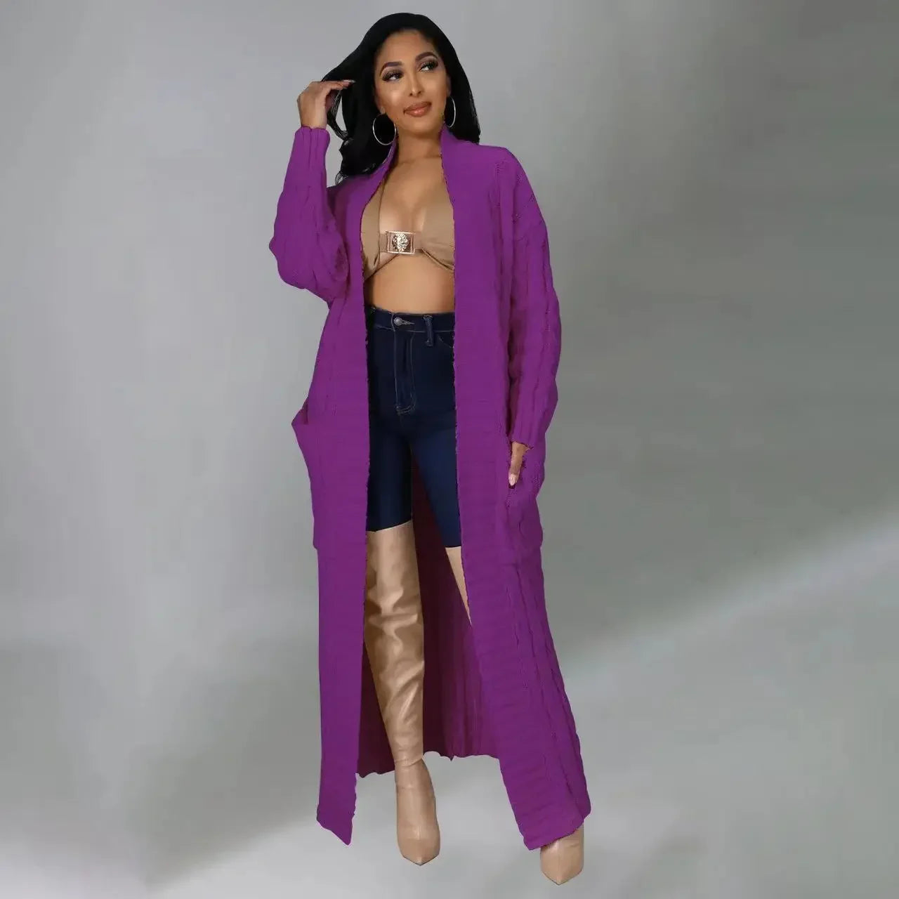 2024 New Women's Fashionable Cardigan Sweater Casual Long Sleeve Solid Color Jacket Autumn/Winter Amazon Europe Style