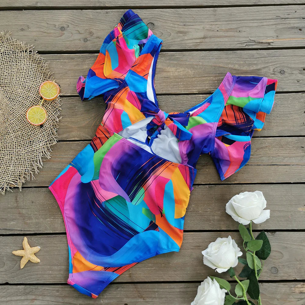 2025 New Sexy V-Neck One Piece Swimsuit Belt Swimwear Women Ruffle Monokini Push Up Swim Suit Colorful Bathing Suit Female Beach