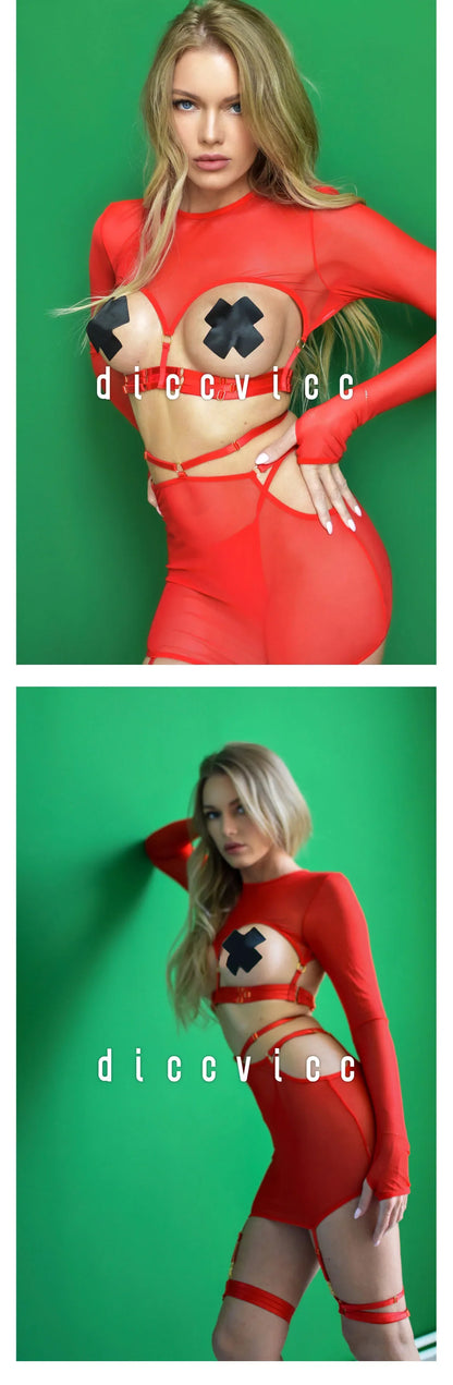 Diccvicc Long Sleeve Lingerie Sexy Sheer Mesh Porn Top Crotchless Skirt Naked Bandage Women Underwear Uncensored Erotic Costume