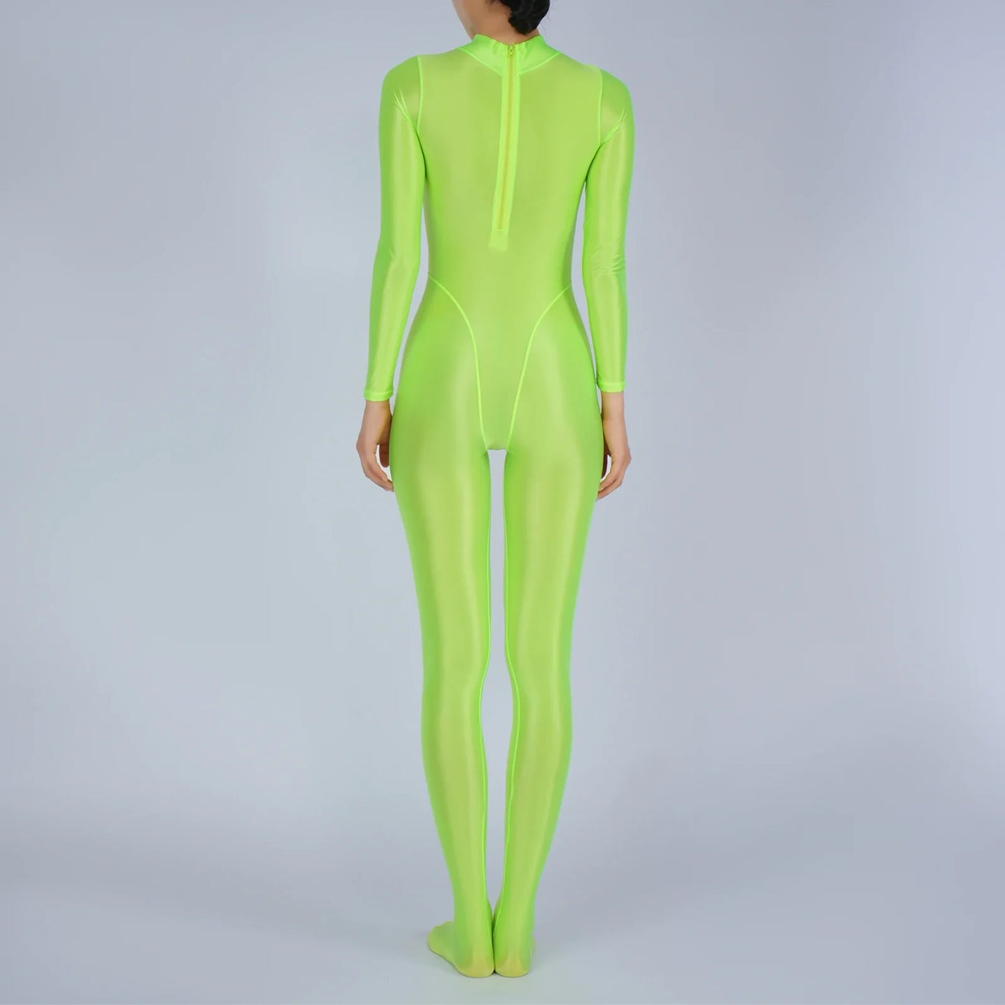 Womens Glossy Full Body Jumpsuit See Through Sheer Catsuits Bodystockings Long Sleeve Footed One Piece Gym Yoga Tights Bodysuit