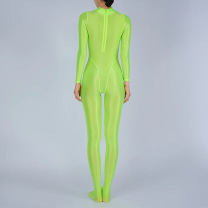 Womens Glossy Full Body Jumpsuit See Through Sheer Catsuits Bodystockings Long Sleeve Footed One Piece Gym Yoga Tights Bodysuit