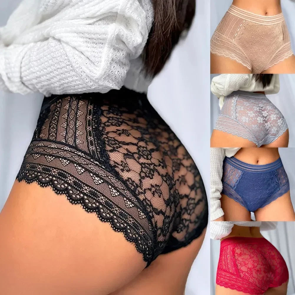 Plus Size See-through Lace Panty High Waist French Style Tummy Control Breathable Comfort Underwear Knicker Briefs for Women