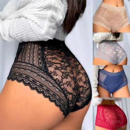 Plus Size See-through Lace Panty High Waist French Style Tummy Control Breathable Comfort Underwear Knicker Briefs for Women