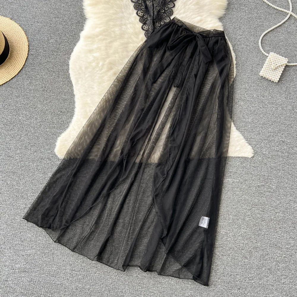 SINGREINY Lace Sensual Erotic Two Pieces Suits Camis Short Bodysuits Tops+Midi Long Mesh Chiffon Skirts Women Underwear Sets