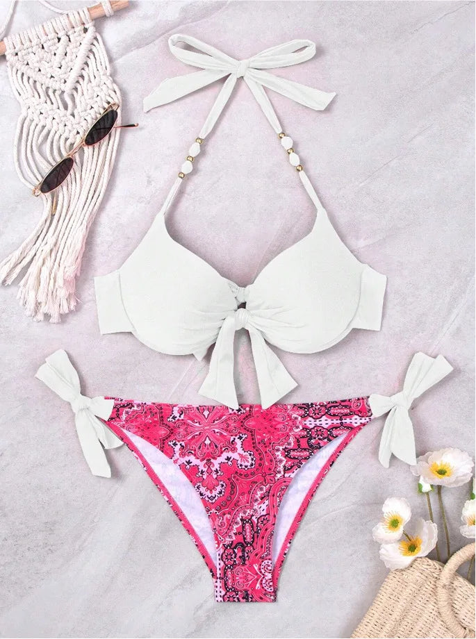 2024 New Print 2-piece Swimsuit for Women,hard Cup Suspender Push Up Bikini Set,summer Beach Vacation Backless Bathing Suit