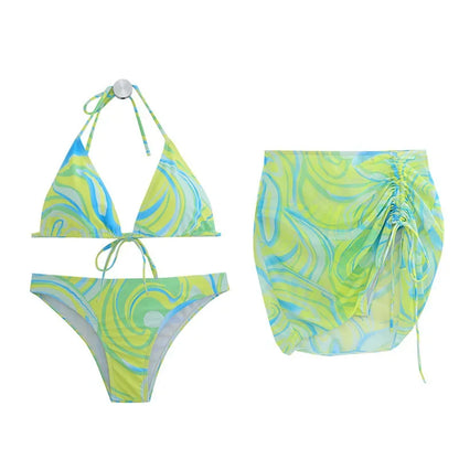 Hot Sale Of The Season New Korean Thermal Spring Bikini Three-Piece Set Women's Separate Swimsuit Print Tie-Detail Pattern Femal