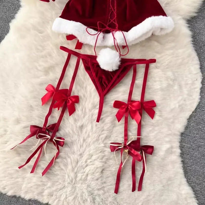 Sweet Red Bunny Lingerie Underwear Set Women Sexy Soft Plush Cute Bowknot Sweet Nightgowns Christmas Rabbit Cosplay Costumes New