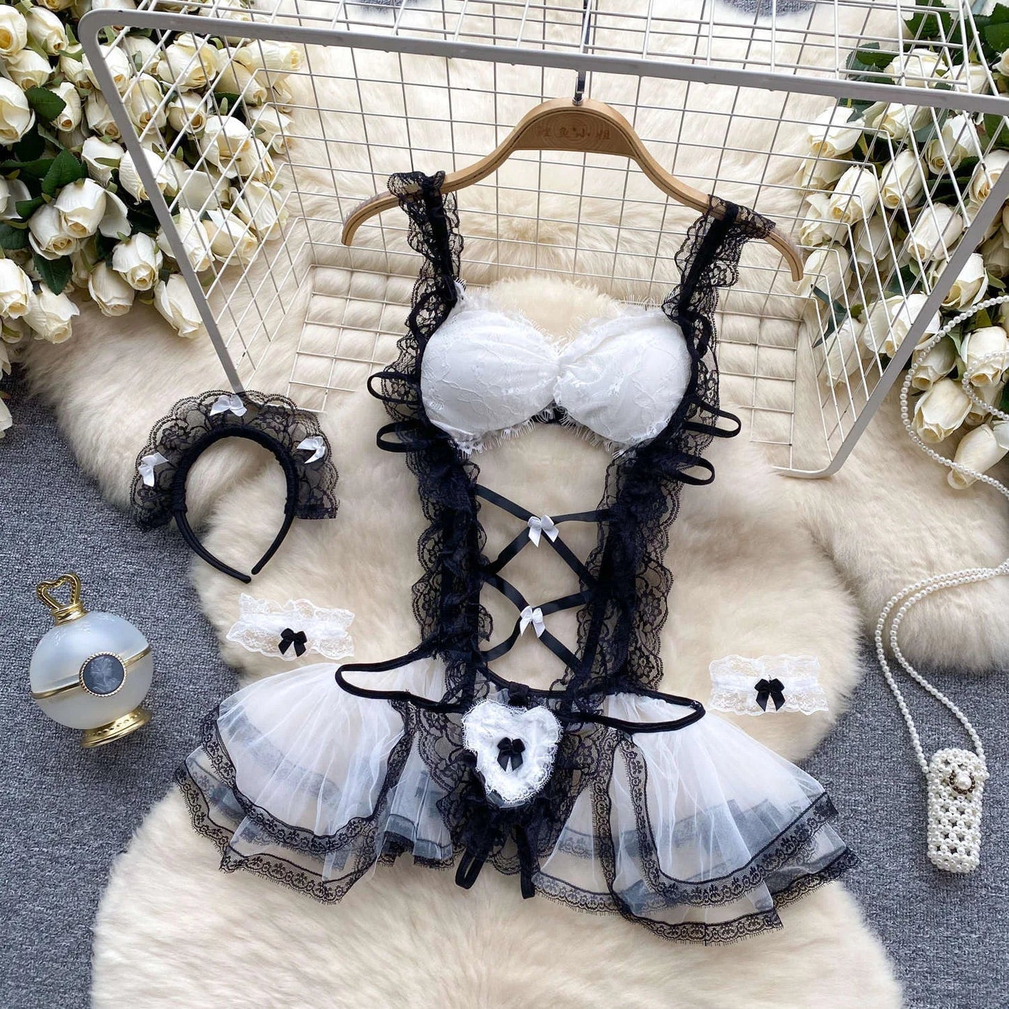 Lolita Strap Bodysuit With Cross Lace Up Hollow Patchwork Playsuit Double-Layer Sheer Mesh Sweet Women's Pajamas Sexy Lingerie