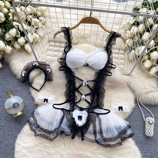 Lolita Strap Bodysuit With Cross Lace Up Hollow Patchwork Playsuit Double-Layer Sheer Mesh Sweet Women's Pajamas Sexy Lingerie