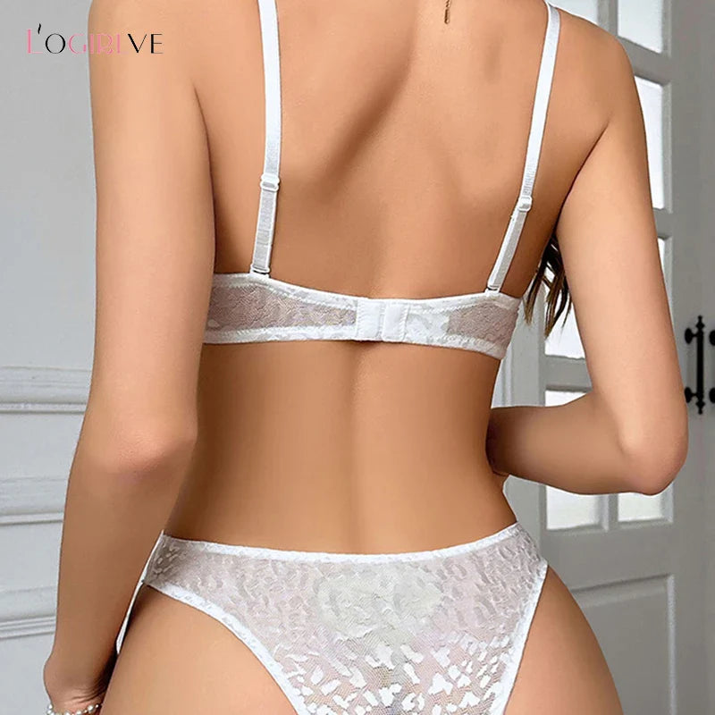 Logirlve Women's Fashion Backless Bra Set Invisible Push up Lingerie C/D Cup Deep U Plunge Brassiere Underwear Sexy Plunge Bra