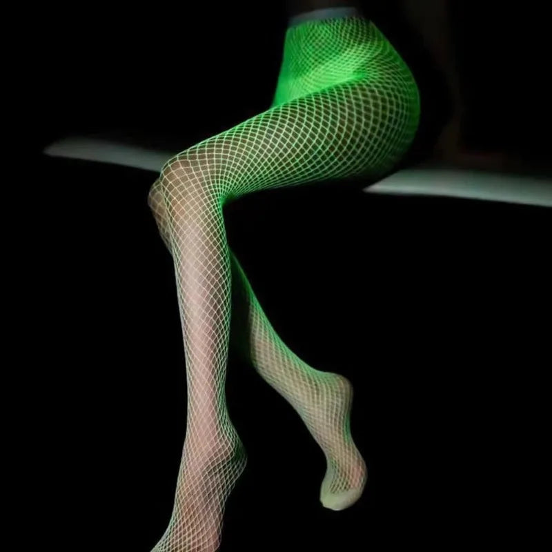 Night Fluorescent Women's Long Socks Fishnet Body Stockings Curve Lingerie Mesh Fabric High Waist Sex Tights Sexy Bodysuits