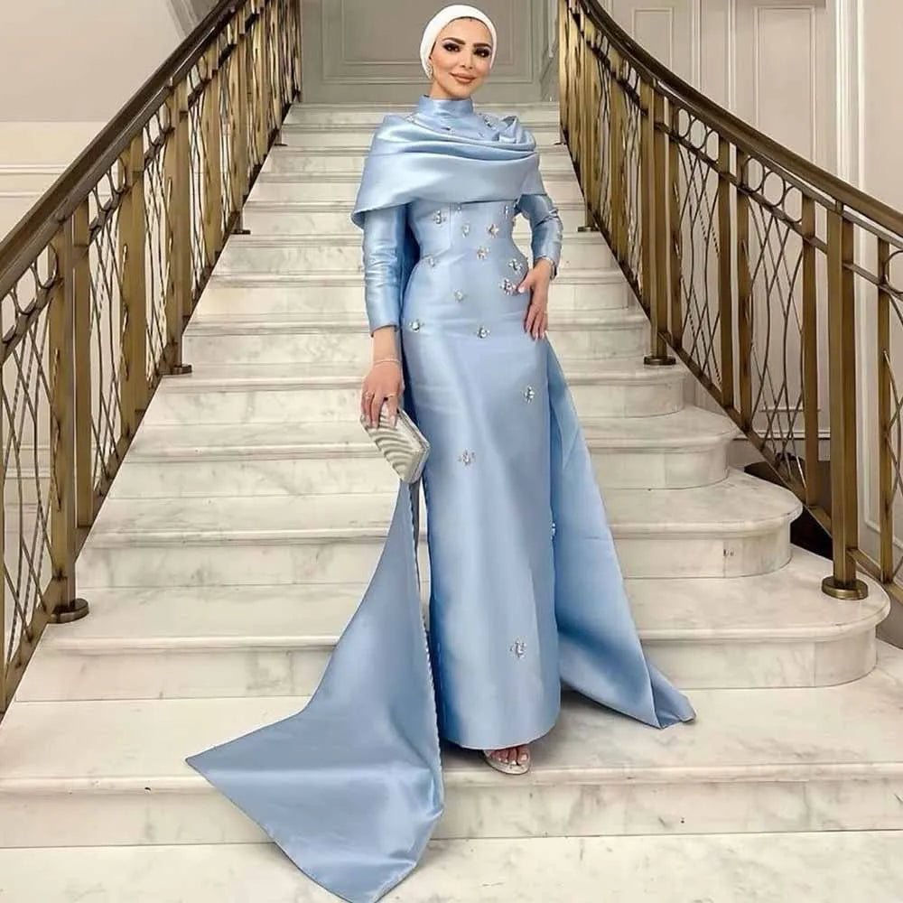 Customized Dubai Bespoke Occasion Gowns Satin Column Valentine's Day Dress Blue High Collar Rhinestones/Crystals Cape Prom Dress