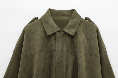 HH Women Brown Green Suede Jacket Loose Casual Bomber Coat Lapel Zipper Long Sleeve Jackets Vintage Lady Motorcycle Outwears