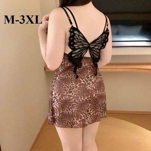 Large Size Women Sexy Lingerie Leopard Butterfly Back Nightgown Exotic Teddy Babydoll Bodycon Mini Dress Chemise Sleepwear