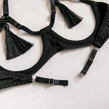 Sensual Tassel Lingerie Set Women See Through Halter Cut Out Sexy Bilizna Erotic Set Intimate Naked Back Open Brief Kit