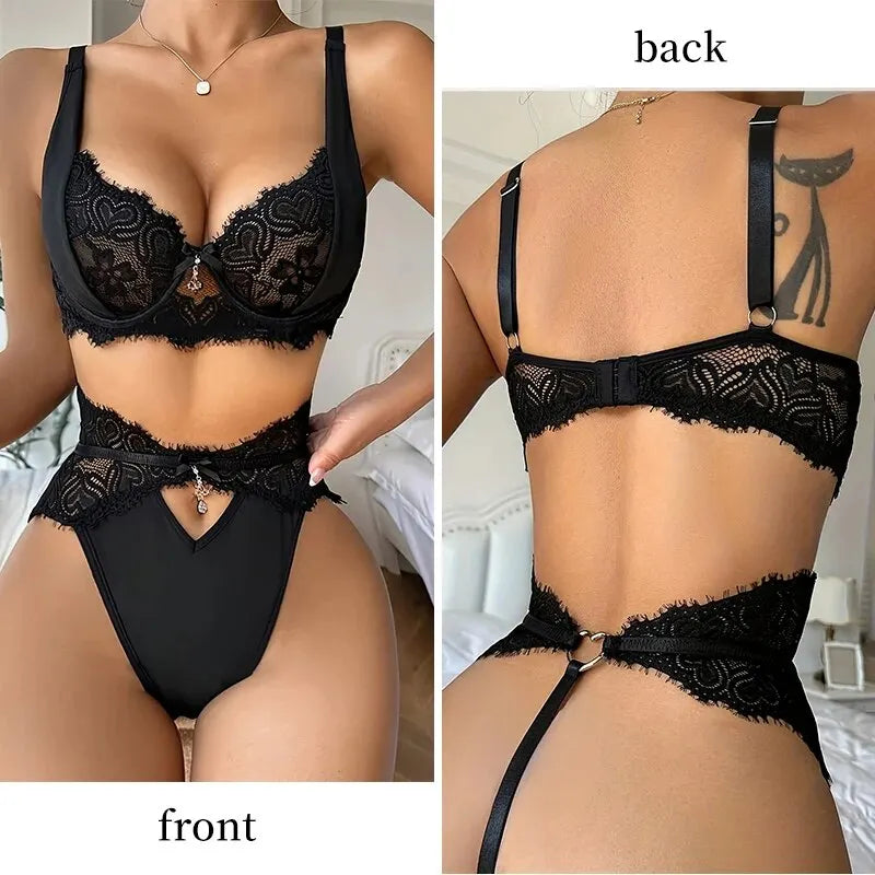 Women's Sexy Lace Lingerie Set with Black Lace Patchwork and Pendant Decoration for Women Sexy Bra Set