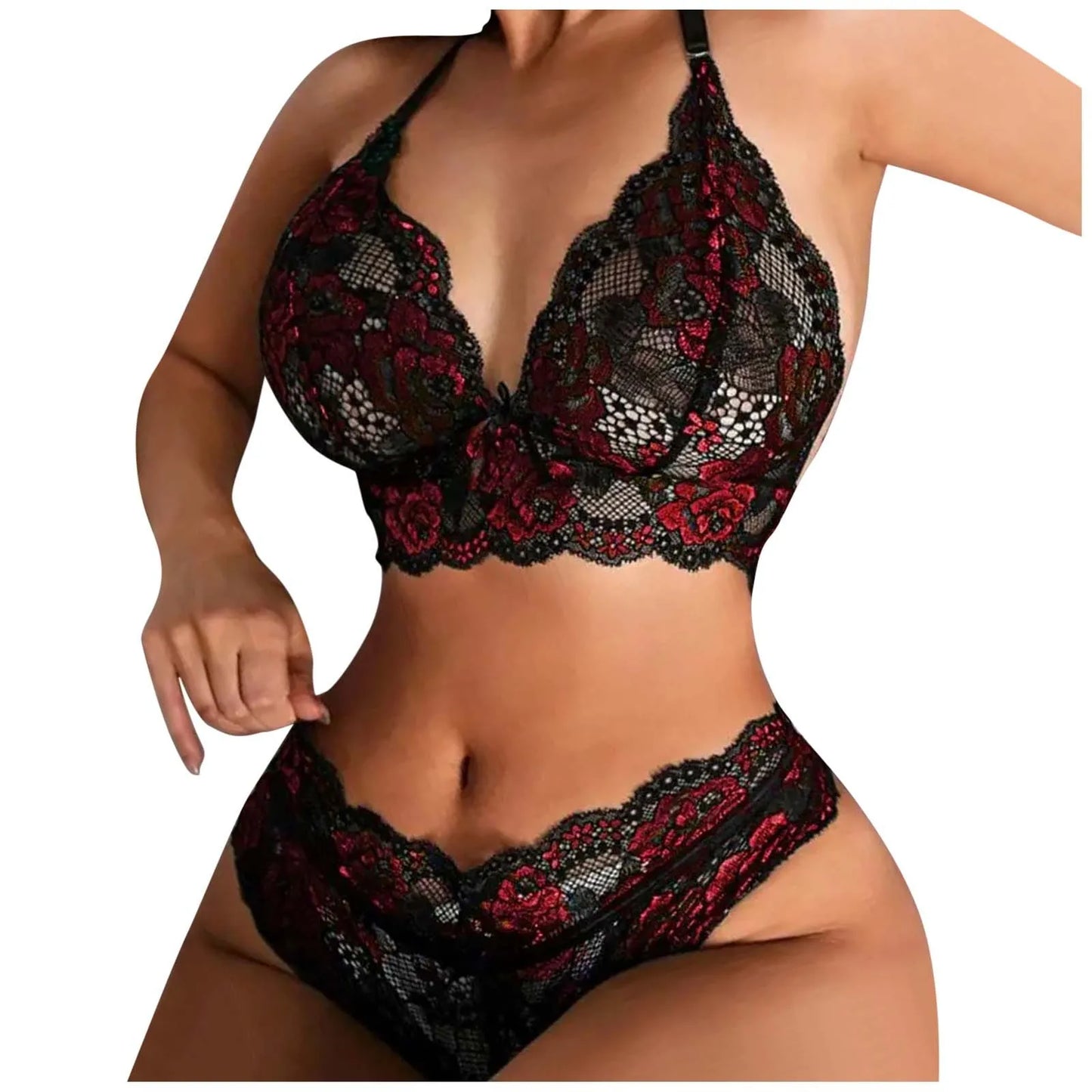 Womens Sexy Lingerie Two Piece Lace Three Point Big Breast Underwear Bowknot Lace Floral Fancy Porn Bra Brief Set Porno Ropa