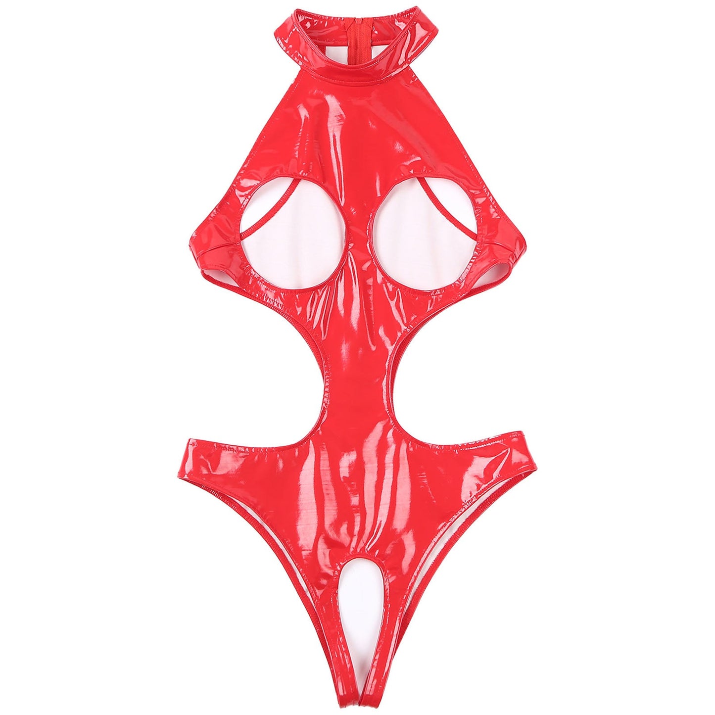 Womens Wet Look Faux Leather Hollow Out Open Breast Leotard Bodysuit Halter Neck Crotchless Jumpsuit Lingerie Teddy Nightwear