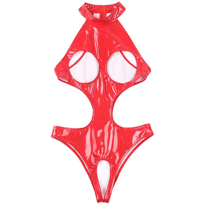 Womens Wet Look Faux Leather Hollow Out Open Breast Leotard Bodysuit Halter Neck Crotchless Jumpsuit Lingerie Teddy Nightwear