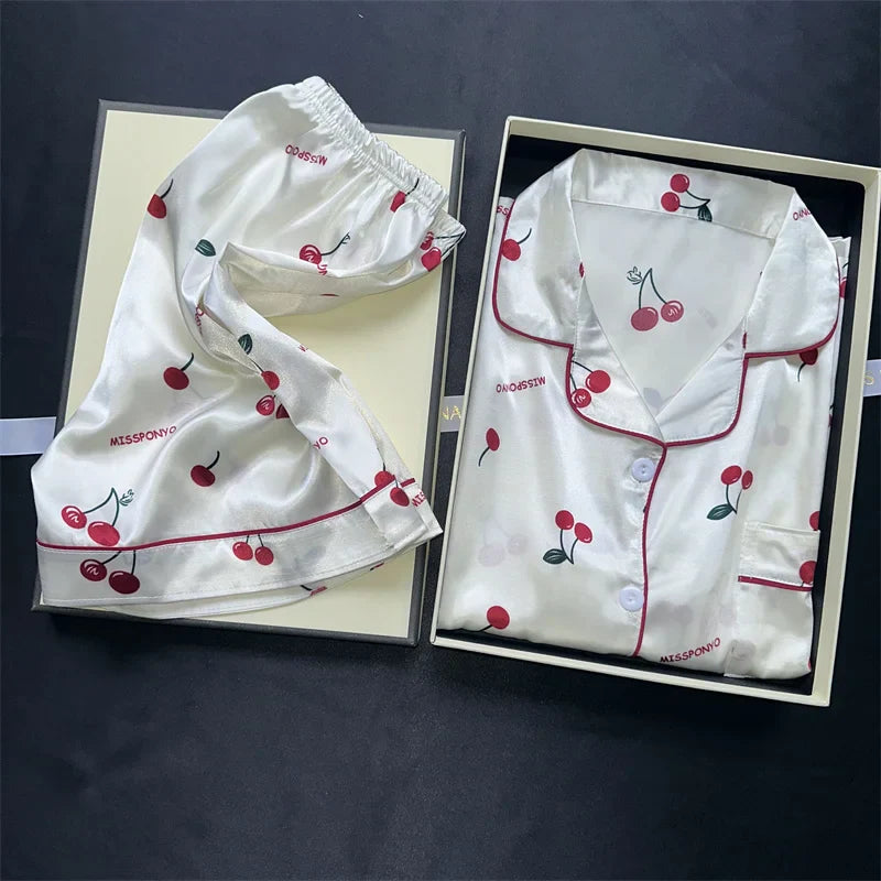 Cherry Print Silk Pajamas Set for Women Summer Short Sleeve Shirt and Shorts Two Pieces Sleepwear Homewear Nightwear
