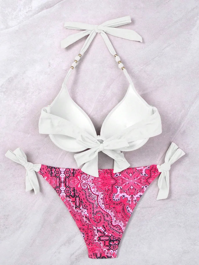 2025 Push Up Halter Bikini Printed Swimsuit Women Sexy Strappy Swimwear Female Bathers Bathing Swimming Swim Suit Beachwear