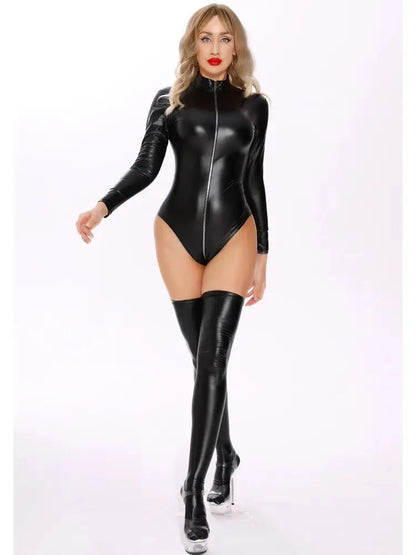 Oil Faux Latex Catsuit Elastic PU Leather Zipper Open Crotch Long Sleeve Bodysuit Tights Cosplay Clubwear Body Teddies Swimsuit
