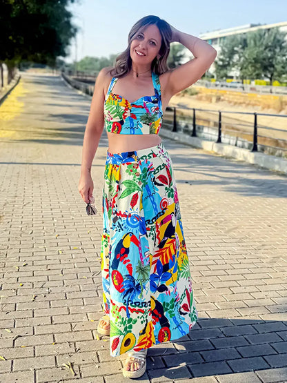 HH Women 2 Piece Set Sexy Sleeveless Backless Print Buttons Mini Sling Top+Elegant High Waist Buttons Beach Midi Skirt