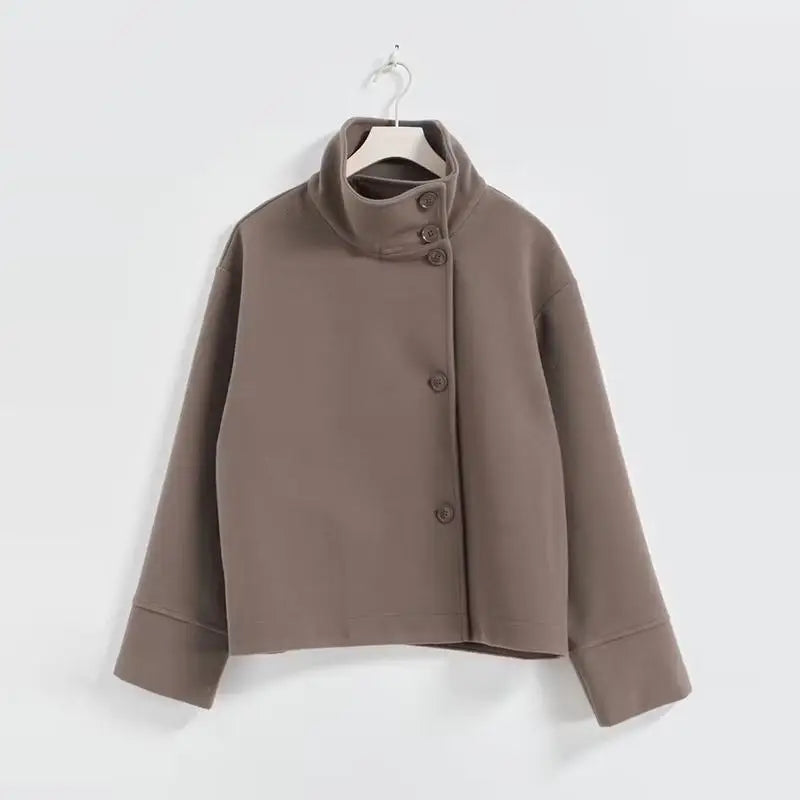 Urban Black Woolen Blend Coats Women Stand Collar Single-breasted Long Sleeve Thick Warm Jacket 2025 Autumn Winter Lady Outwear