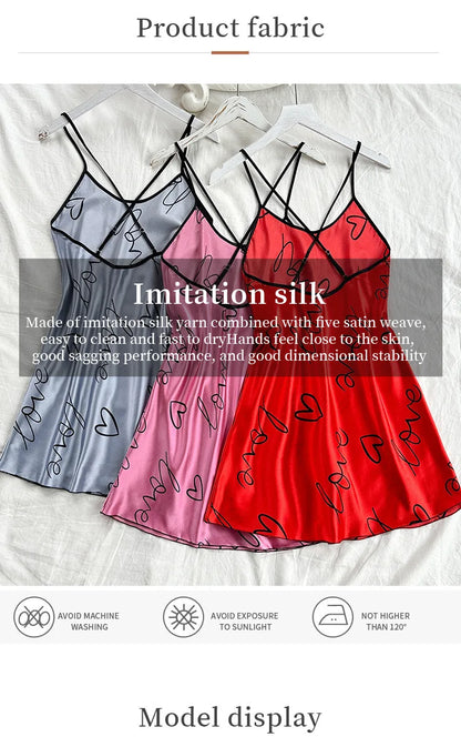 Heart Print Nightdress Elegant Scoop Neck Criss Cross Back Sleep Dress Women's Sleepwear