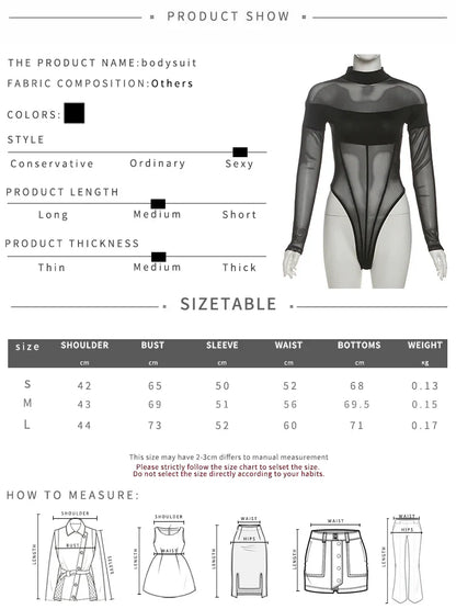 Sisterlinda See Through Sexy Bodysuit Women Coquette Wild Mesh Hipster Patchwork Full Sleeve Midnight Stretch Street Clubwear